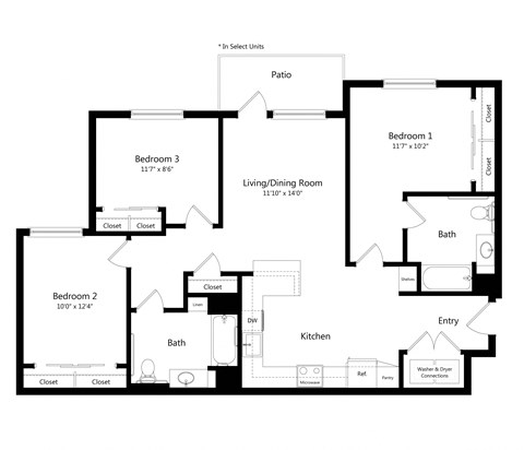 Floor plan for 3 beds, 2 baths, 1192 sqft